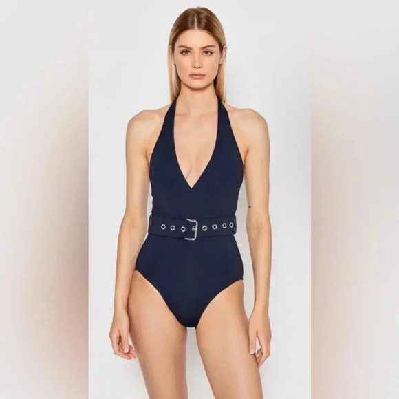 MICHAEL Michael Kors Surplice Halter One Piece Swimsuit Size 4 Navy - Picture 2 of 9